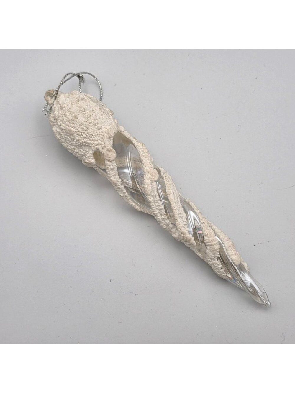 Clear Glass Spiral Icicle Ornament With Textured White Glitter Design & Hanging